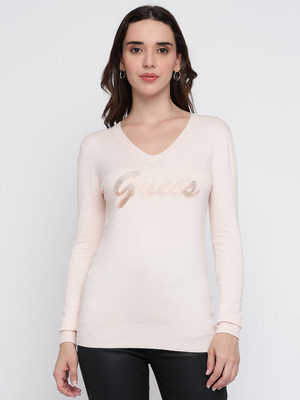 GUESS Printed V Neck Casual Women Pink Sweater
