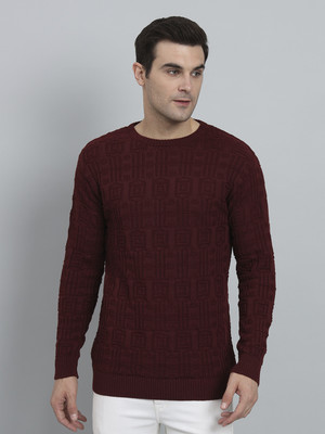 eWools Self Design Round Neck Casual Men Maroon Sweater