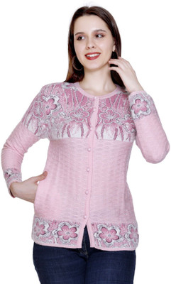 HITTIKA Embroidered Mandarin Neck Casual Women Pink Sweater