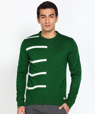 PETER ENGLAND Striped Round Neck Casual Men Green Sweater