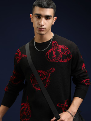 HIGHLANDER Self Design Round Neck Casual Men Black, Red Sweater