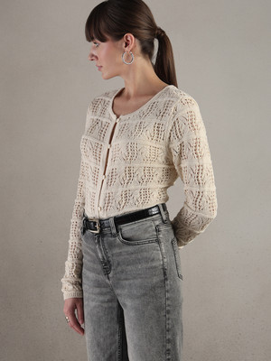 VeroModa Self Design Mandarin Neck Casual Women Beige Sweater