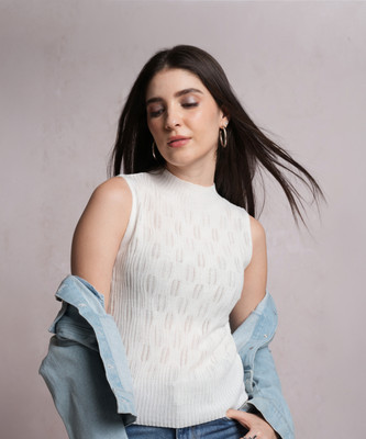 Tokyo Talkies Solid Round Neck Casual Women White Sweater