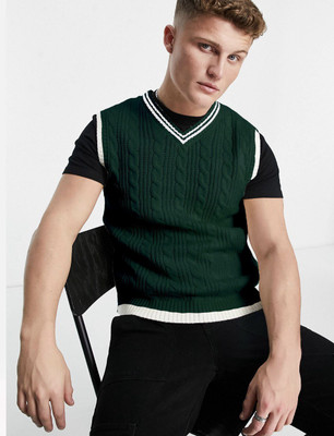 Eddicted Self Design V Neck Casual Men Green Sweater