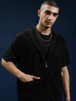 HIGHLANDER Self Design Hooded Neck Casual Men Black Sweater