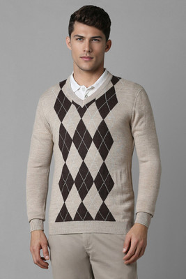 LOUIS PHILIPPE Argyle V Neck Casual Men Beige Sweater