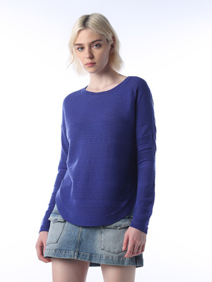 ONLY Self Design Crew Neck Casual Women Blue Sweater