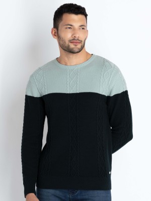 Status Quo Colorblock Round Neck Casual Men Green Sweater