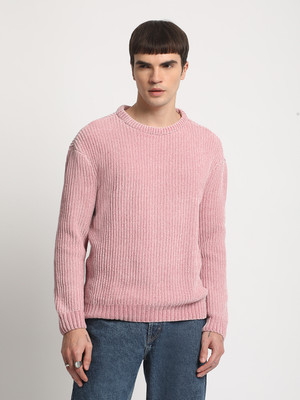 THE BEAR HOUSE Self Design Round Neck Casual Men Pink Sweater