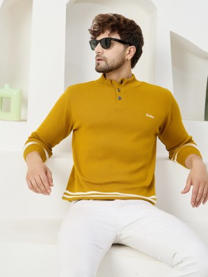 KVETOO Striped Round Neck Casual Men Yellow, White Sweater