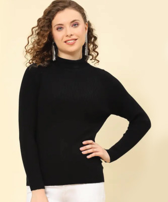 Christy World Self Design High Neck Casual Women Black Sweater