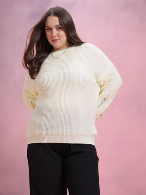 DressBerry Curve Floral Print Round Neck Casual Women White Sweater