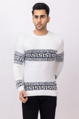 RUDRAKSH Self Design Round Neck Casual Men White Sweater