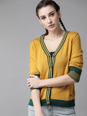 Roadster Solid V Neck Casual Women Yellow, Green Sweater