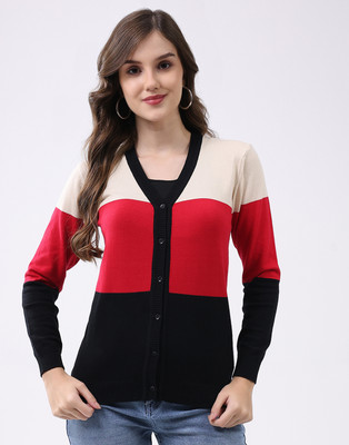 MONTE CARLO Colorblock V Neck Casual Women Multicolor Sweater