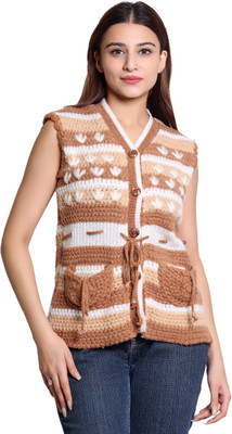 speed line hosiery Striped, Self Design V Neck Casual Women Brown Sweater