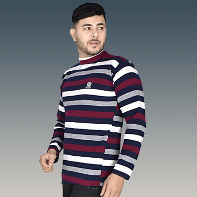 Marc Laurent Striped Round Neck Casual Men Maroon Sweater