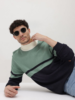 Roadster Colorblock High Neck Casual Men Green Sweater