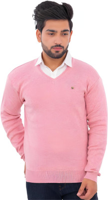 KLOVE Self Design V Neck Formal Men Pink Sweater