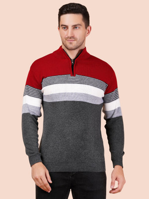 GLAUCUS Striped Collared Neck Casual Men Grey Sweater
