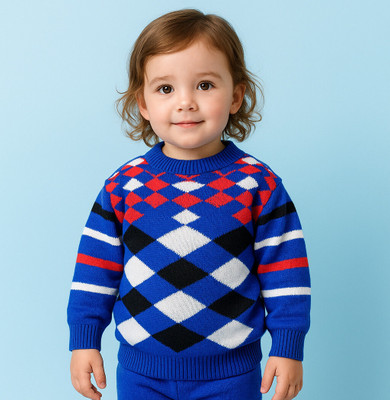 Vaidahee Printed Round Neck Casual Baby Boys Blue Sweater