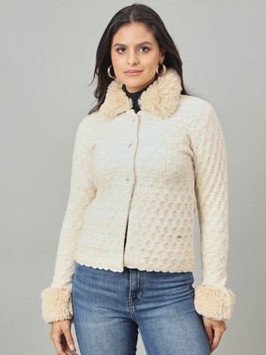 DUKE Self Design Collared Neck Casual Women Beige Sweater