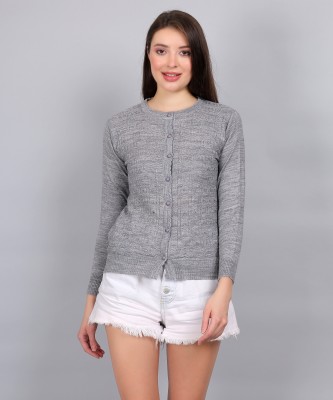 YOUTH ROBE Solid Round Neck Casual Women Grey Sweater