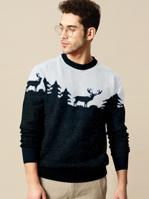 SWASTIKK Printed Round Neck Casual Men Black Sweater