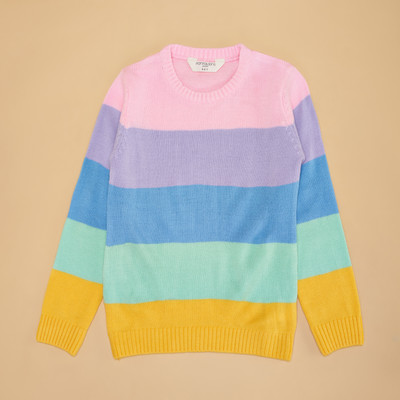 Pantaloons Junior Colorblock Round Neck Casual Girls Pink Sweater