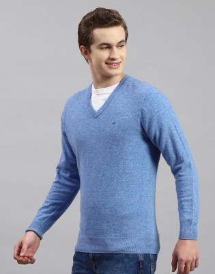 MONTE CARLO Solid V Neck Casual Men Blue Sweater