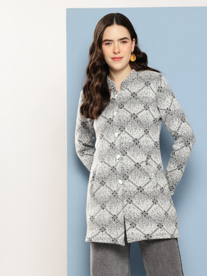 METRONAUT Checkered Mandarin Neck Casual Women White Sweater