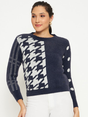 DUKE Self Design Round Neck Casual Women Blue, White Sweater