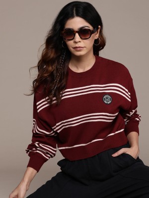 Roadster Striped Round Neck Casual Women Maroon Sweater