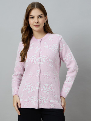 DUKE Floral Print Round Neck Casual Women Pink Sweater