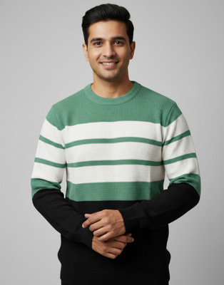 AUREN Colorblock Round Neck Casual Men Light Green Sweater