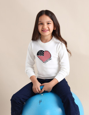 U.S. POLO ASSN. Graphic Print Crew Neck Casual Baby Girls White Sweater