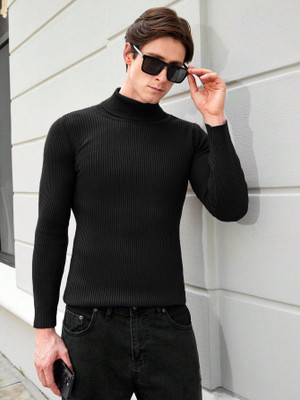 Clafoutis Self Design Turtle Neck Casual Men Black Sweater