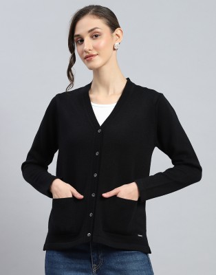 MONTE CARLO Solid V Neck Casual Women Black Sweater