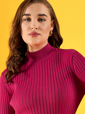 98 Degree North Self Design High Neck Casual Women Pink Sweater