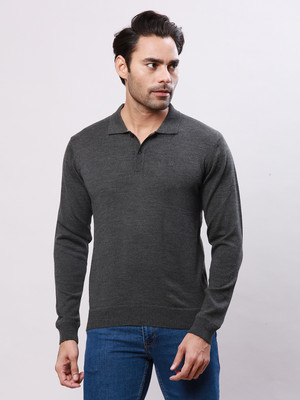 Raymond Solid Collared Neck Casual Men Grey Sweater