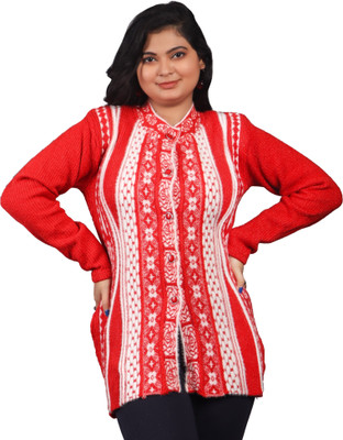 HouseOfCommon Self Design V Neck Casual Women Red Sweater