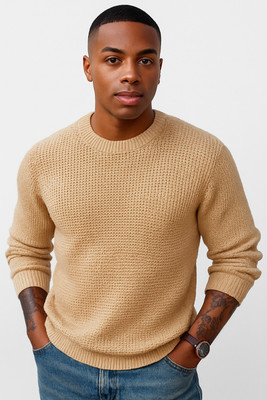 hifzaa Self Design Round Neck Casual Men Beige Sweater