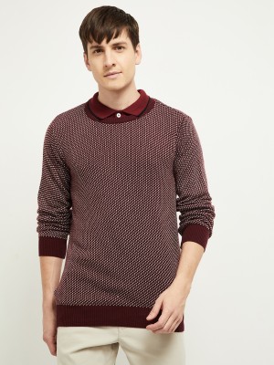 MAX Striped Round Neck Casual Men Maroon Sweater