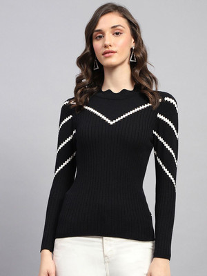 MONTE CARLO Printed Collared Neck Casual Women Black Sweater
