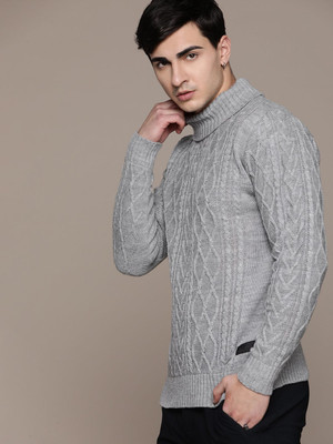Roadster Self Design Turtle Neck Casual Men Grey Sweater