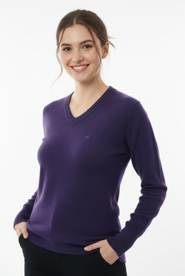 Aryans Design Den Solid V Neck Casual Women Purple Sweater