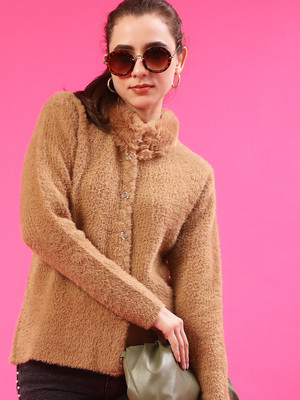 V-MART Self Design Round Neck Casual Women Brown Sweater