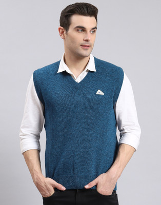 MONTE CARLO Solid V Neck Casual Men Blue Sweater