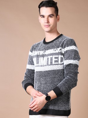 V-MART Self Design Round Neck Casual Men Black Sweater