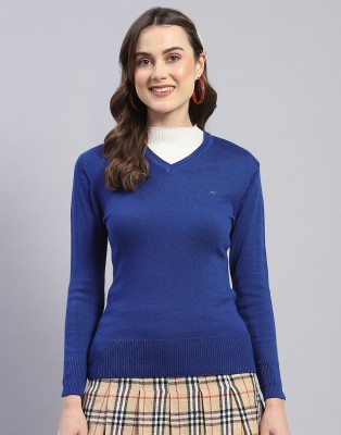 MONTE CARLO Solid V Neck Casual Women Blue Sweater